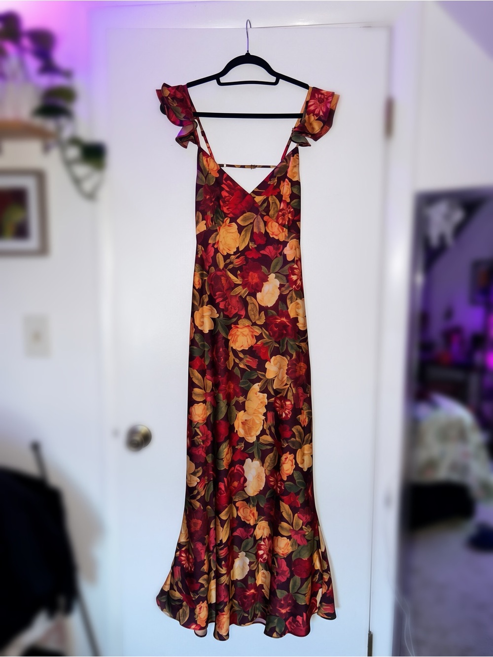 Windsor Burgundy Floral Maxi Dress with Gold and Green Accents